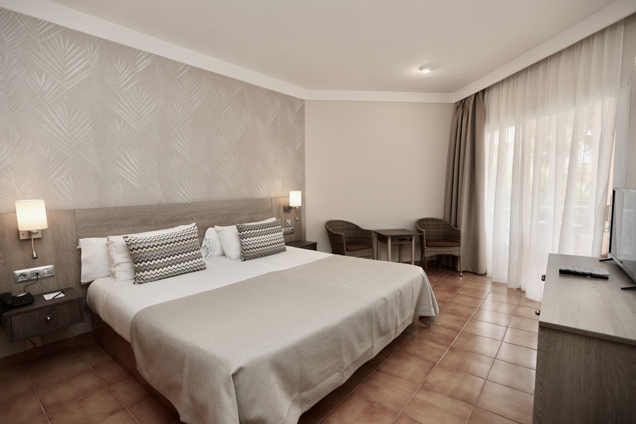 una habitación de hotel con una cama y una televisión