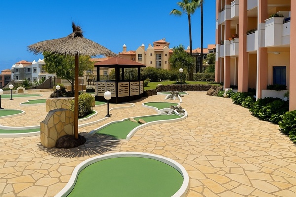 ein Schwimmbad mit einem Kaktus und einem Berg im Hintergrund