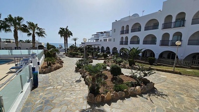 a white building with palm trees in front of it - 