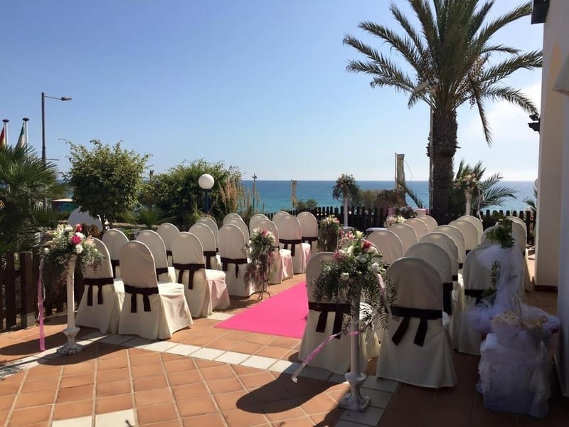 una fila de sillas decoradas para una ceremonia de boda con una alfombra rosa