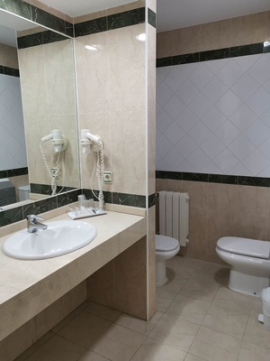 a bathroom with two toilets and a sink