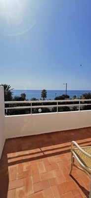 a balcony with a view of the ocean and palm trees