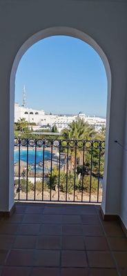 a balcony with a view of a pool and palm trees
