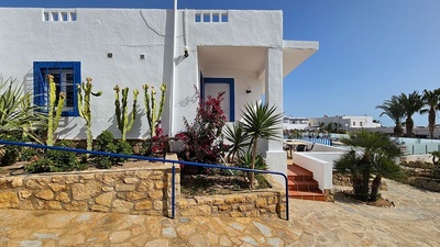 una casa blanca con una puerta azul está rodeada de cactus y palmeras - 