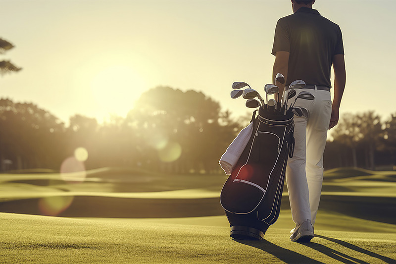 Joueur de golf transportant son sac sur le parcours au coucher du soleil PYR Fuengirola