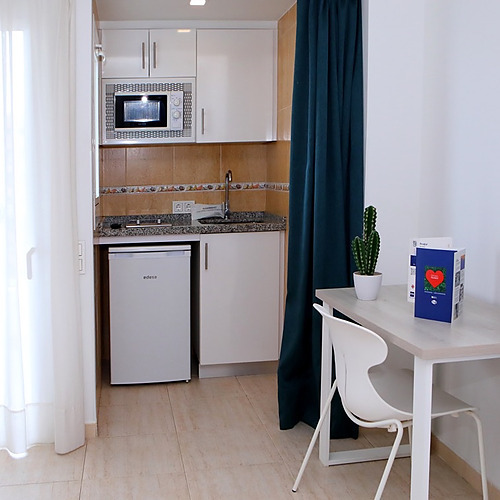 Mini cocina y escritorio con cactus, ideal para PYR Fuengirola.