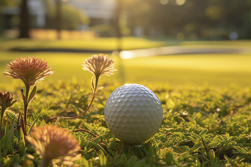 Balle de golf et fleurs sur un green de golf au coucher du soleil, parfait pour le PYR Fuengirola.