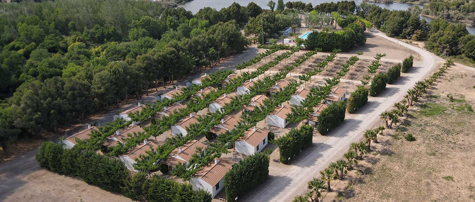 an aerial view of a row of houses surrounded by trees