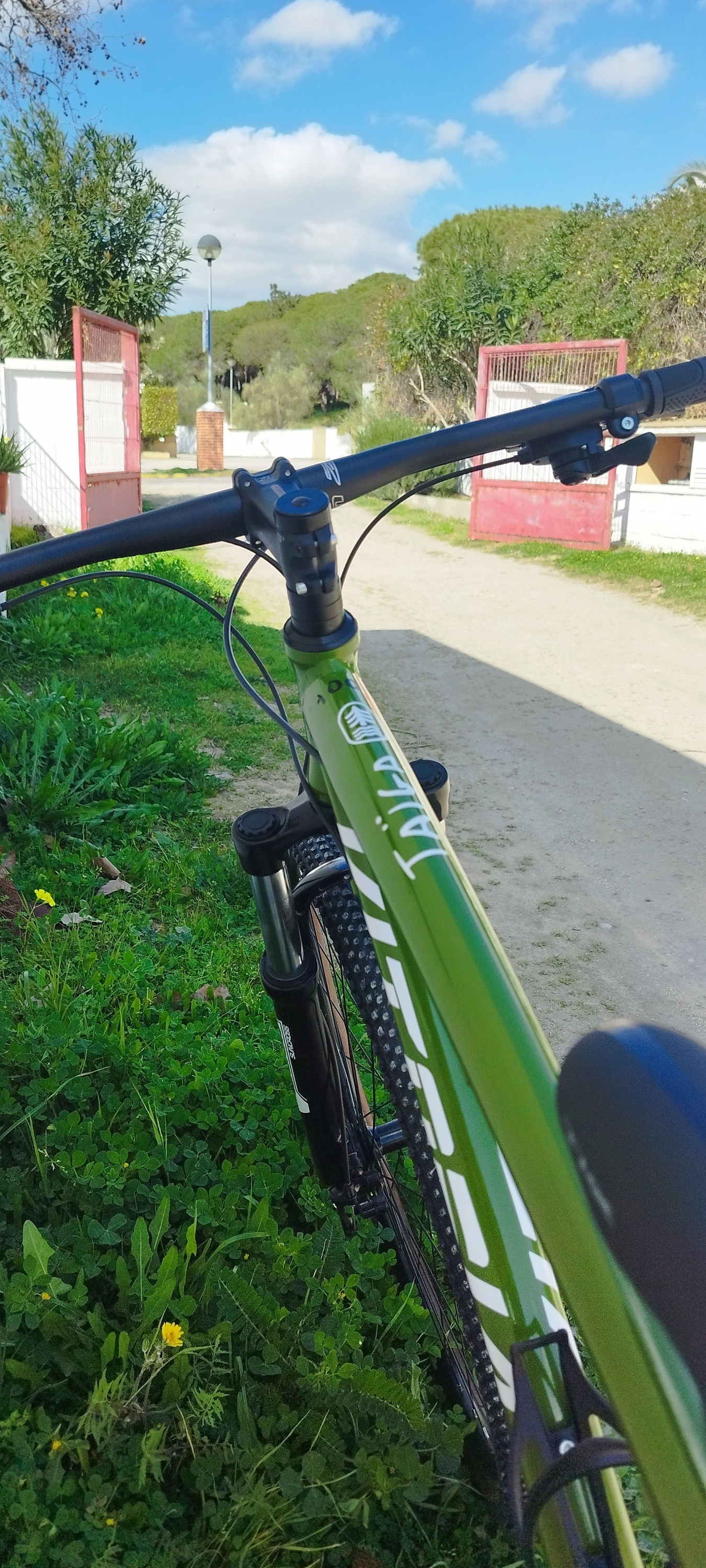 un vélo vert est garé sur un chemin de terre
