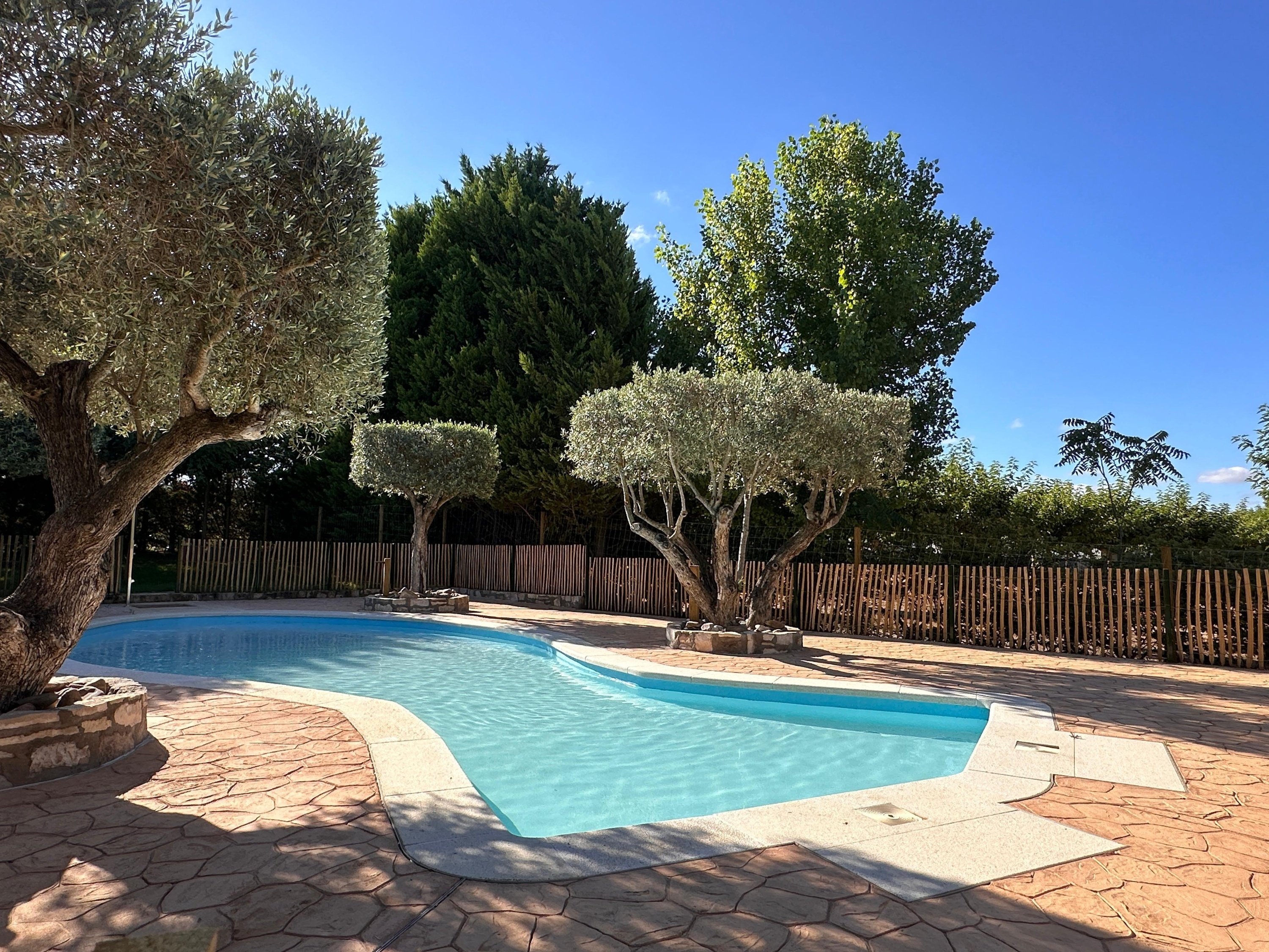 una piscina con palmeras y un edificio blanco en el fondo