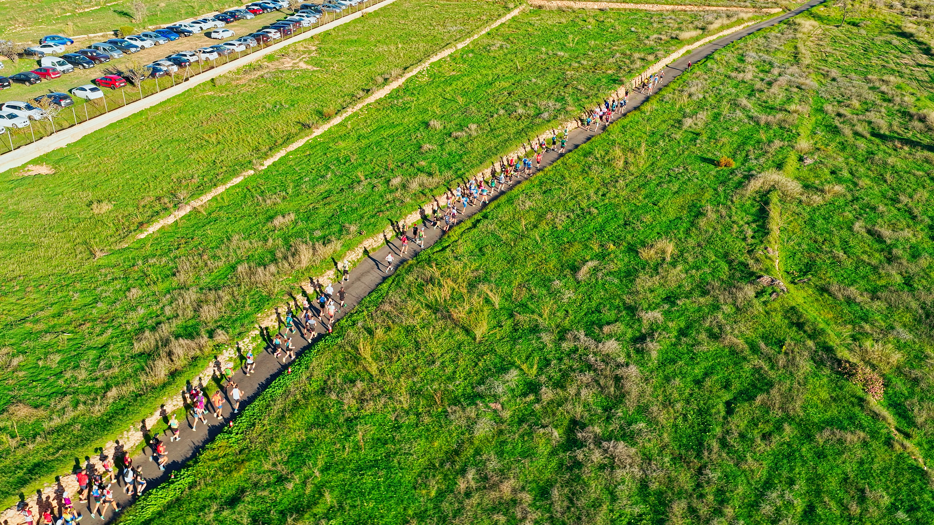 Aerial view of a marathon on a scenic road, with parked cars in the background. Taiga: Corporativa