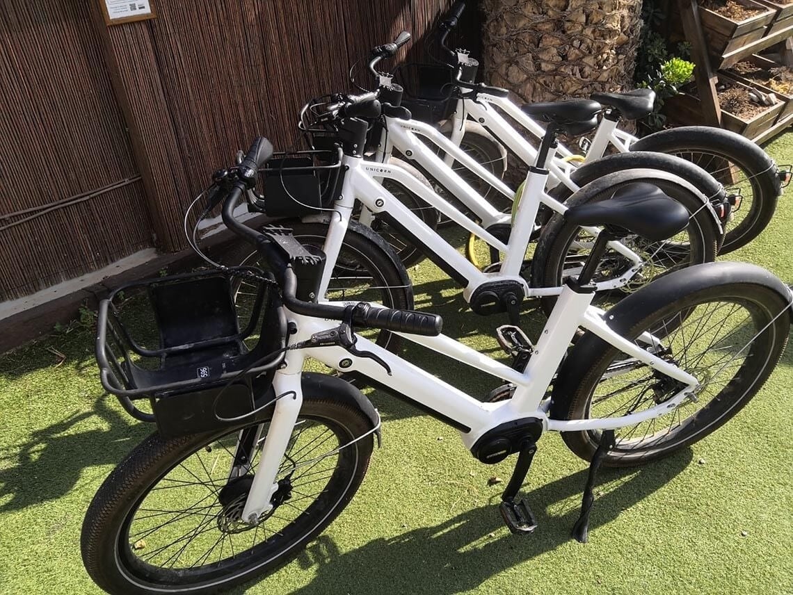 a row of bicycles are parked on a lush green field