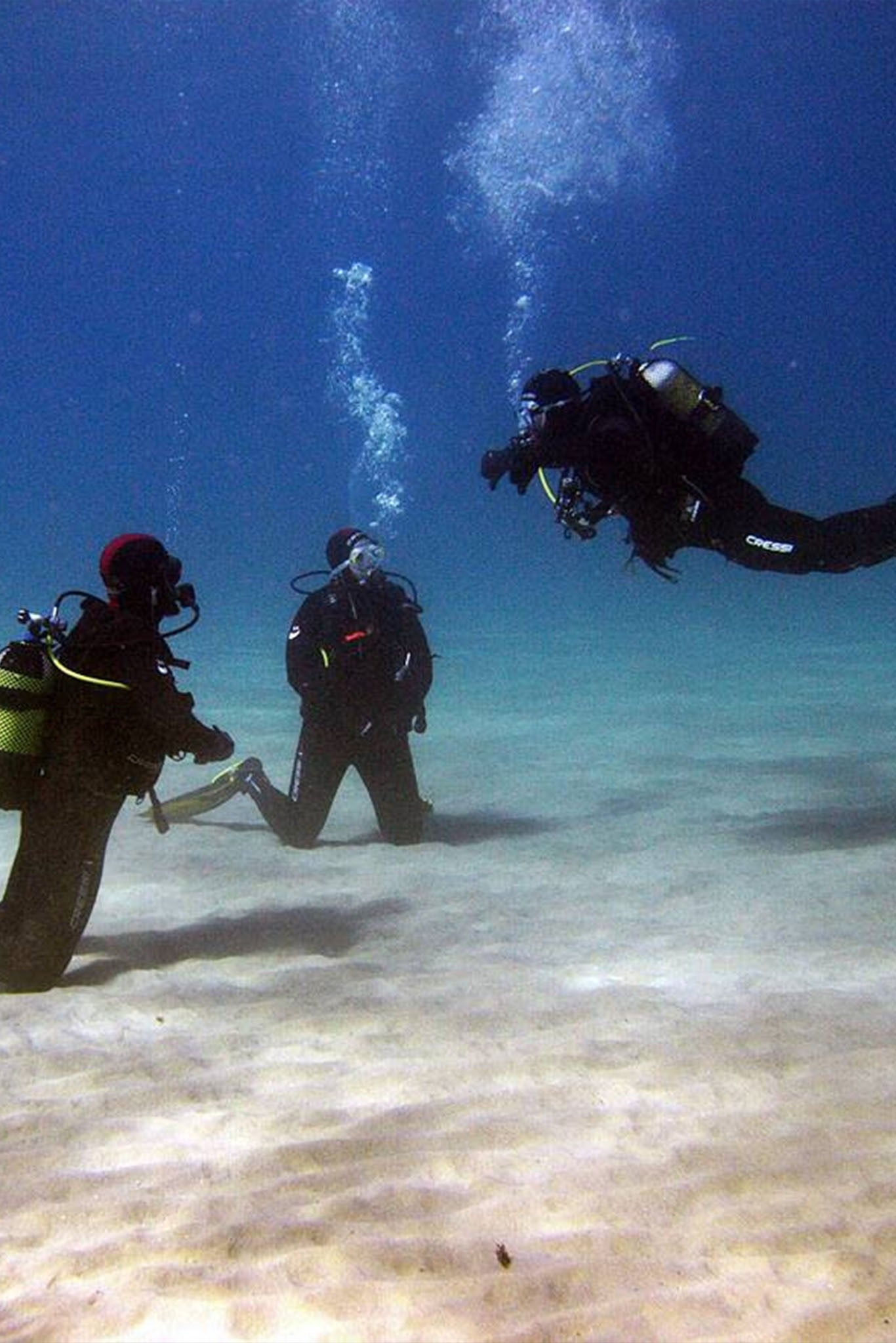 two scuba divers wearing cressi scuba gear are in the water