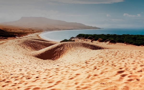 a sandy beach with a mountain in the background