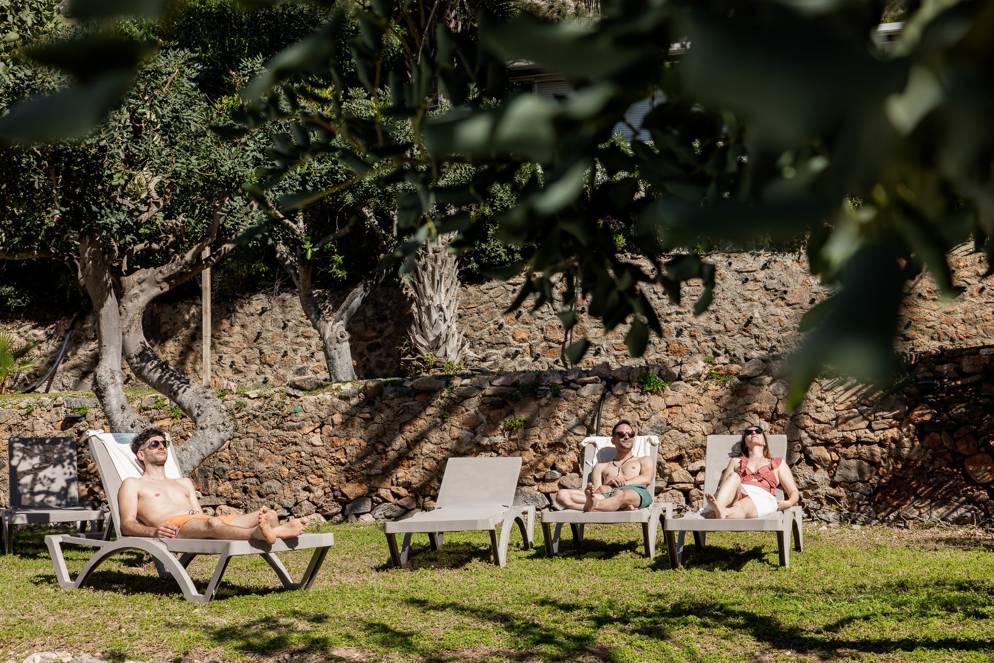 Tres personas se relajan en tumbonas en un jardín soleado con un muro de piedra y árboles al fondo.