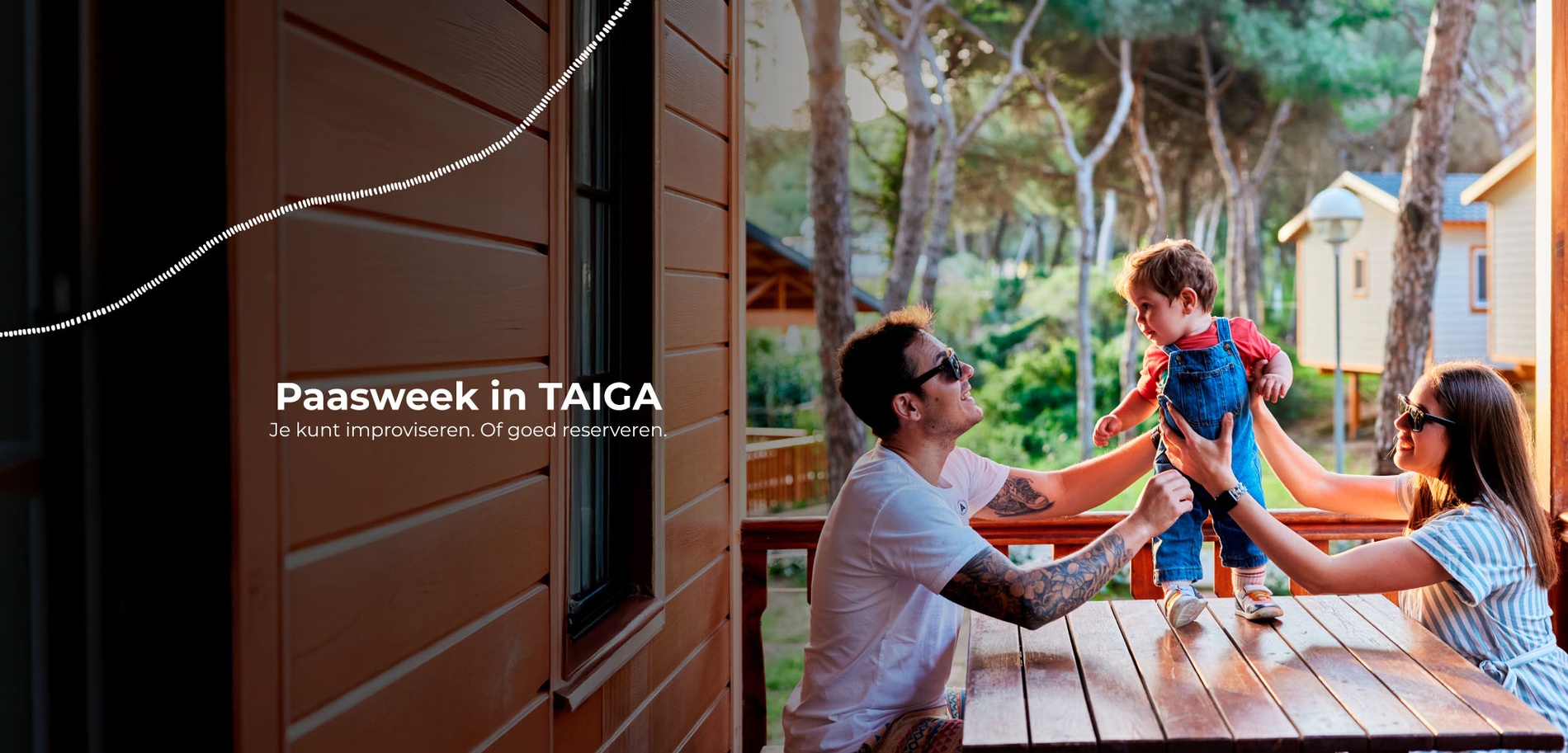 Een gezin geniet op de veranda van een houten huisje te midden van de natuur, met de Duitse tekst "Ostern in TAIGA" op de voorgrond.