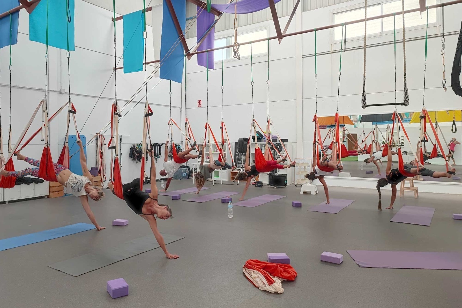 a group of people are doing aerial yoga in a gym