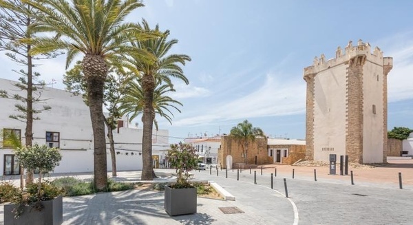 there is a tower in the background with palm trees in the foreground .