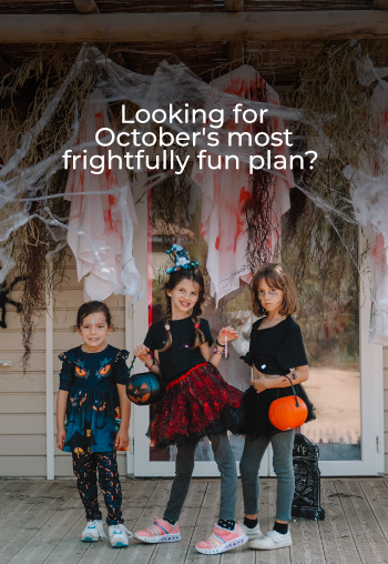 Three kids in Halloween costumes ready for spooky fun, looking for their TAIGA Lake Caspe | TAIGA | Campsites & Resorts in Spain.