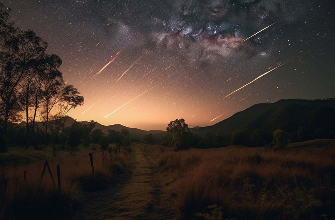Noche estrellada con meteoros sobre Taiga: paisaje corporativo y rural.