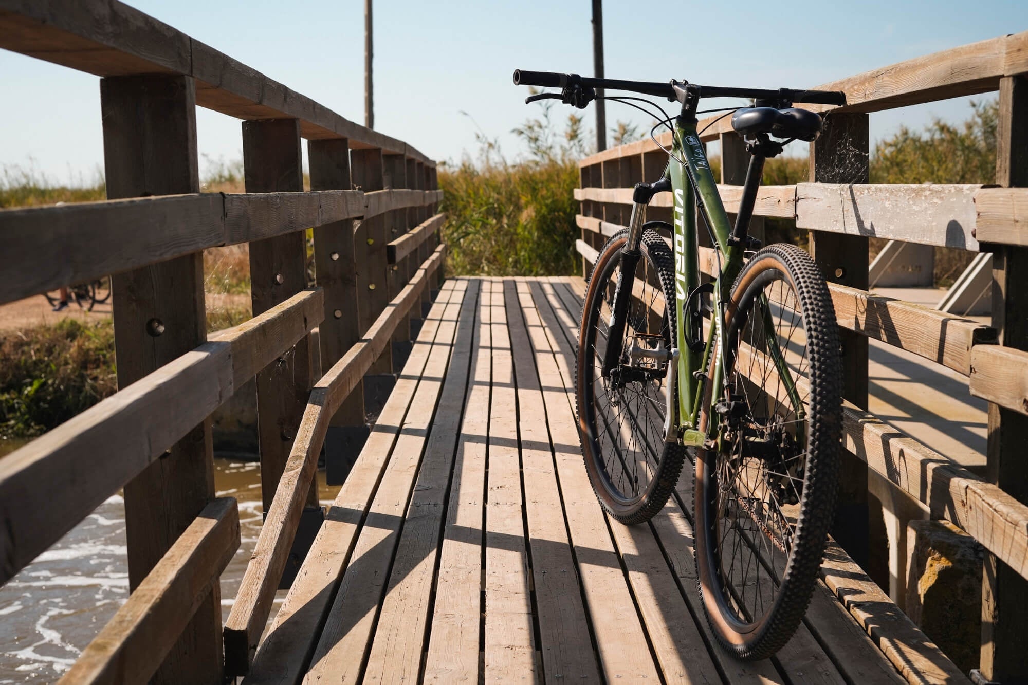 Taiga: Corporate bike on wooden bridge overlooking nature.
