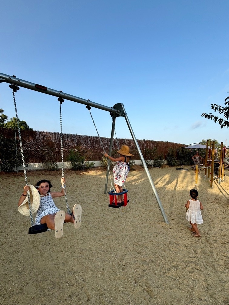 a little girl is swinging on a swing set