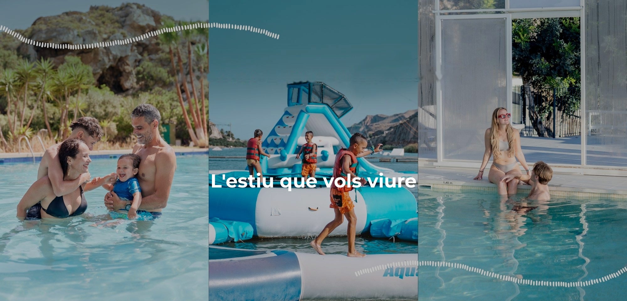 Família gaudint a la piscina, parc aquàtic inflable i relax en parella a TAIGA Tarifa Punta Paloma.