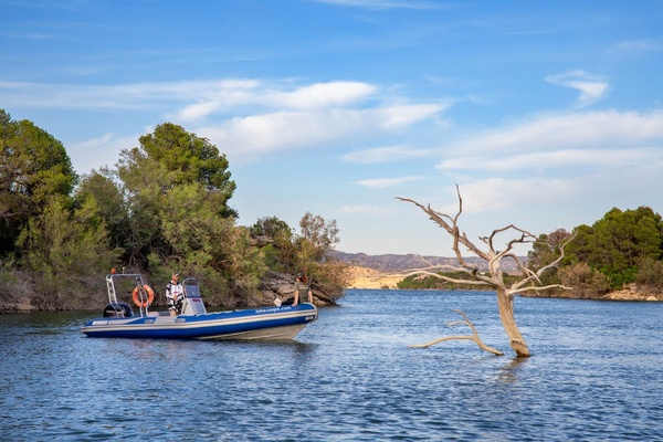 ein blau-weißes Boot mit der Aufschrift ' santander ' auf der Seite