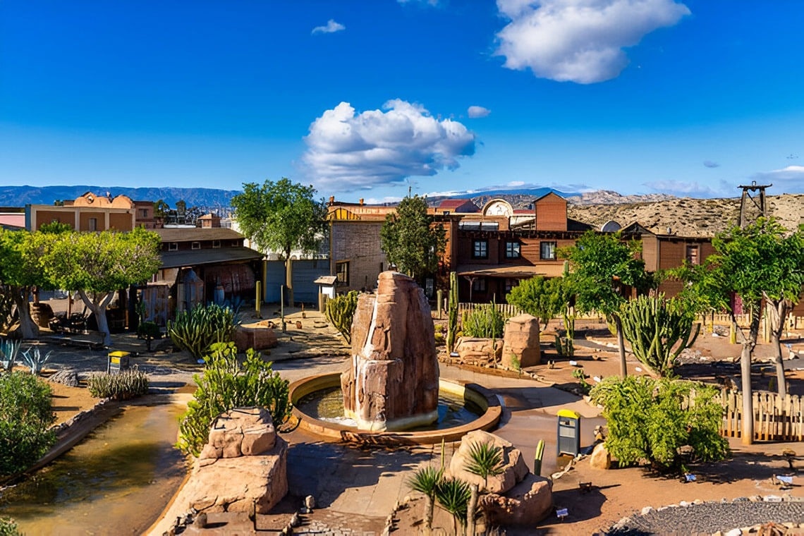 un pueblo del desierto con edificios de ladrillo y cactus