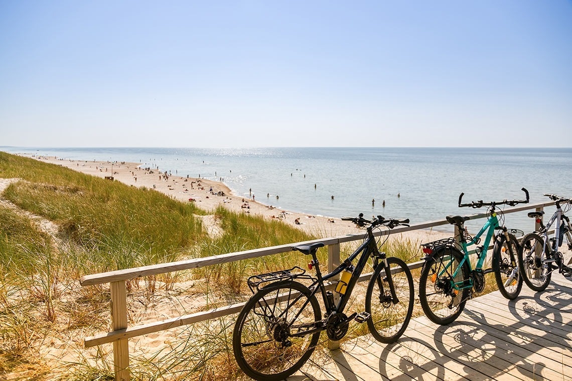dos bicicletas están estacionadas en una barandilla junto a la playa