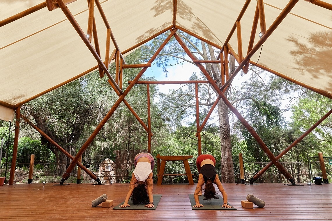 zwei Frauen stehen auf Yogamatten in einem Zelt