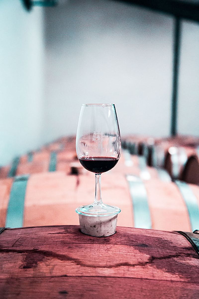 A glass of wine in the foreground at a winery