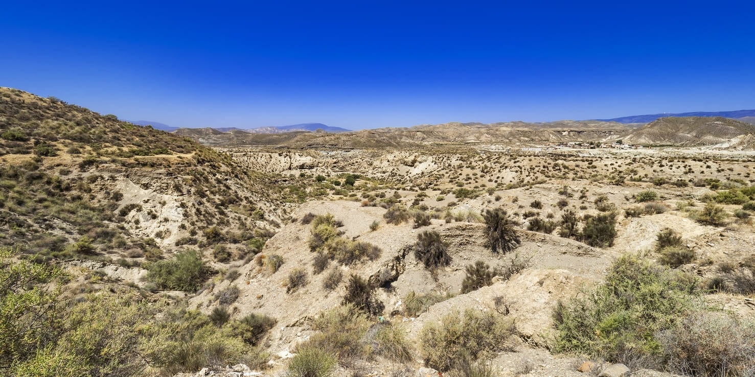 a desert landscape with mountains in the background