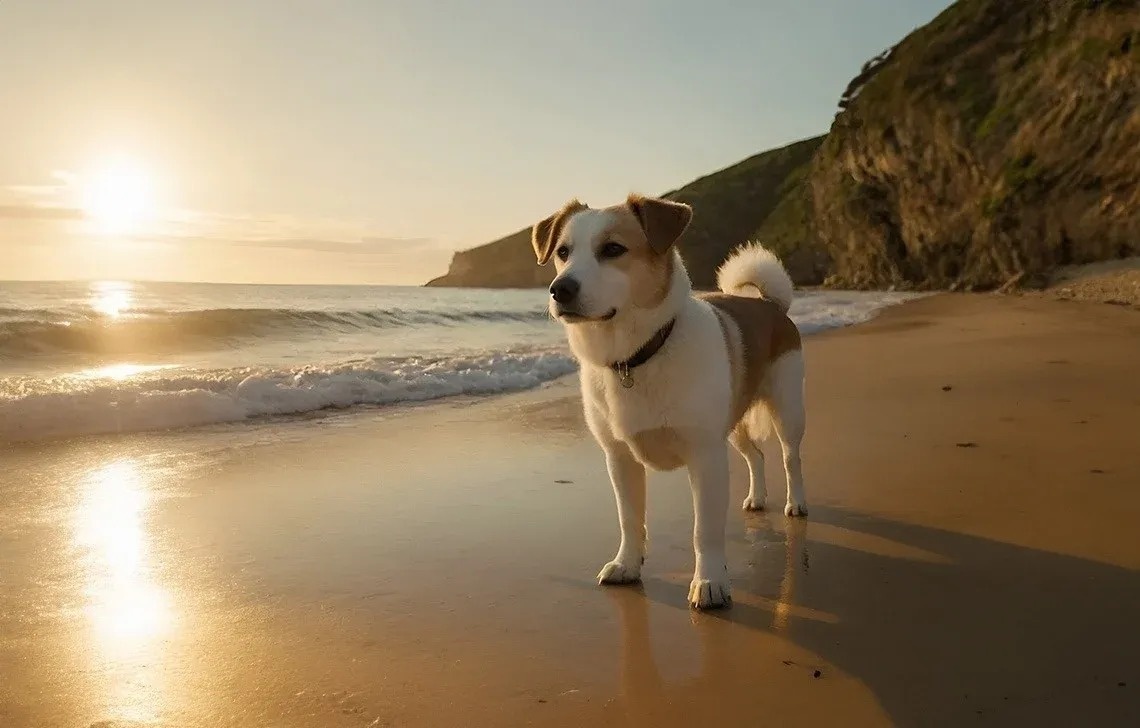 un perro marrón y blanco está parado en la playa al atardecer