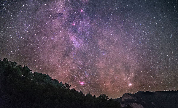 El cielo estrellado sobre un bosque y montañas