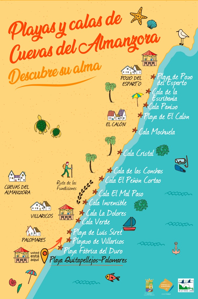 eine Karte zeigt verschiedene Strände in der Nähe von almazora