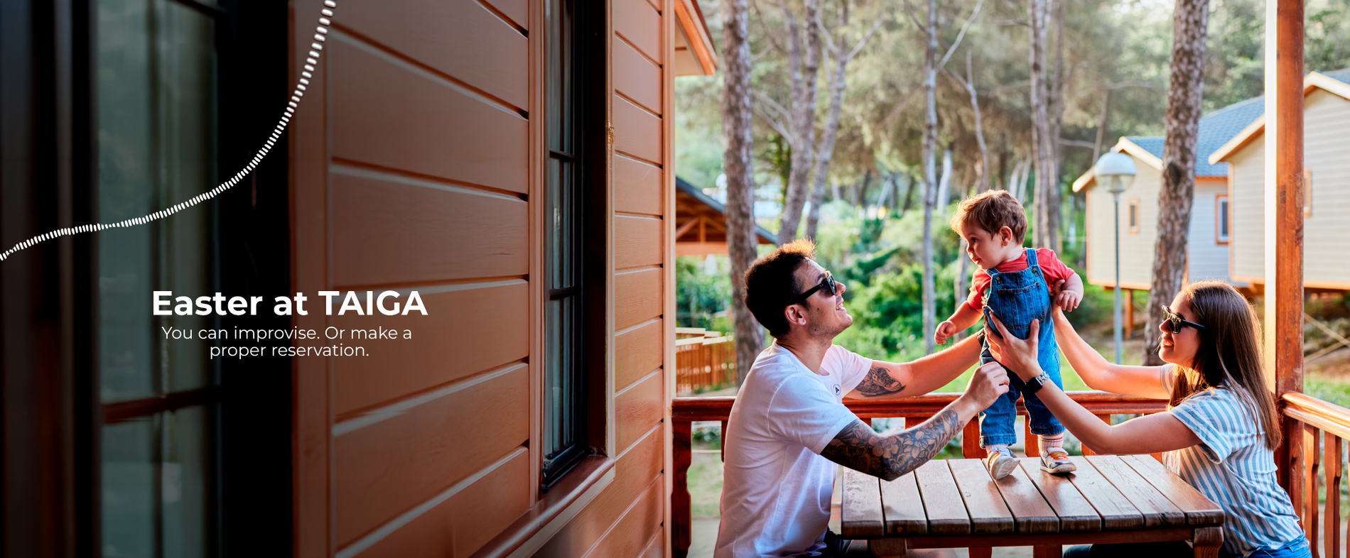 A promotional image for "Easter at TAIGA" features a family on a wooden cabin porch, happily interacting with their child amidst a backdrop of trees and other bungalows.
