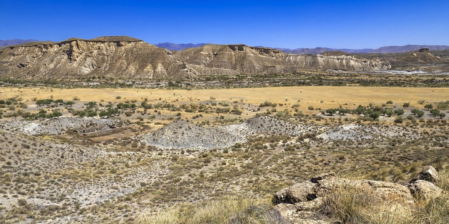 a desert landscape with mountains in the background