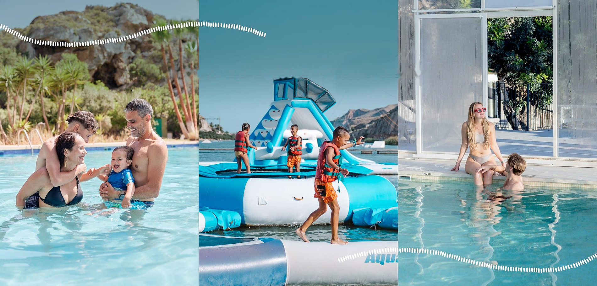 Familia feliz nadando en piscina Taiga: Corporativa