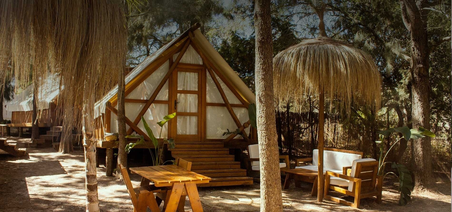 une petite cabane en bois est entourée d' arbres et de tables et chaises