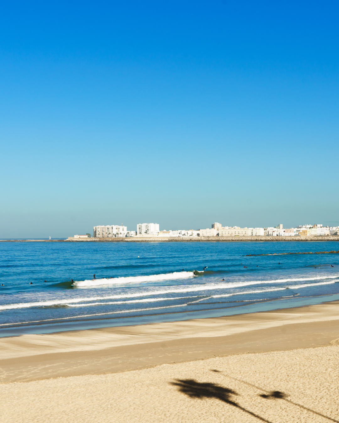 ein Strand mit Wellen und Gebäuden im Hintergrund
