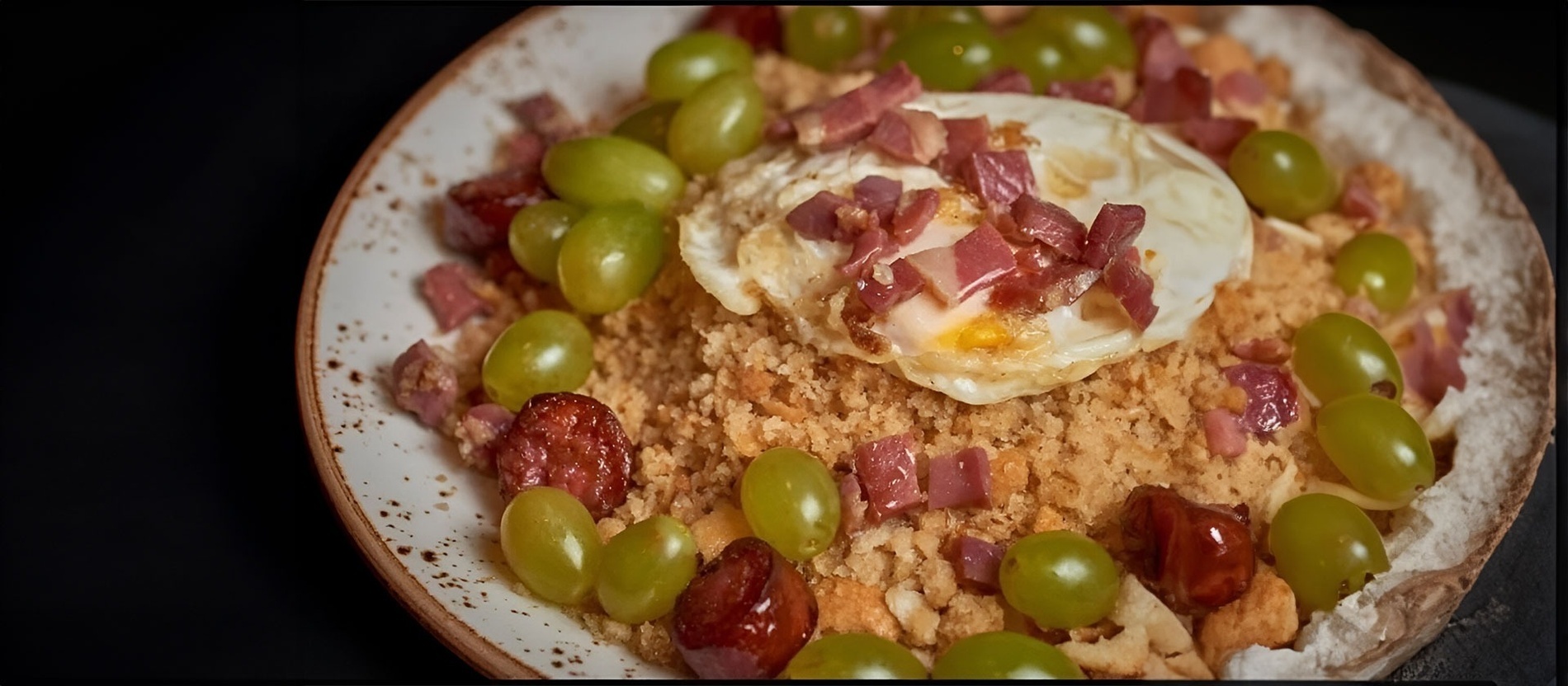 a plate of food with eggs and grapes on it