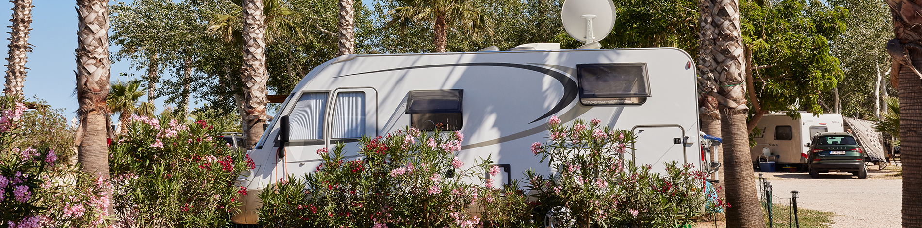 een witte caravan met een antenne bovenop staat in een park