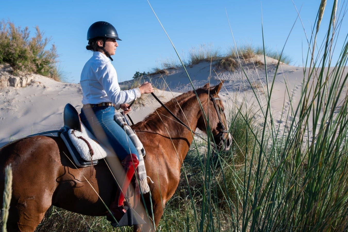 una persona a caballo en una duna de arena