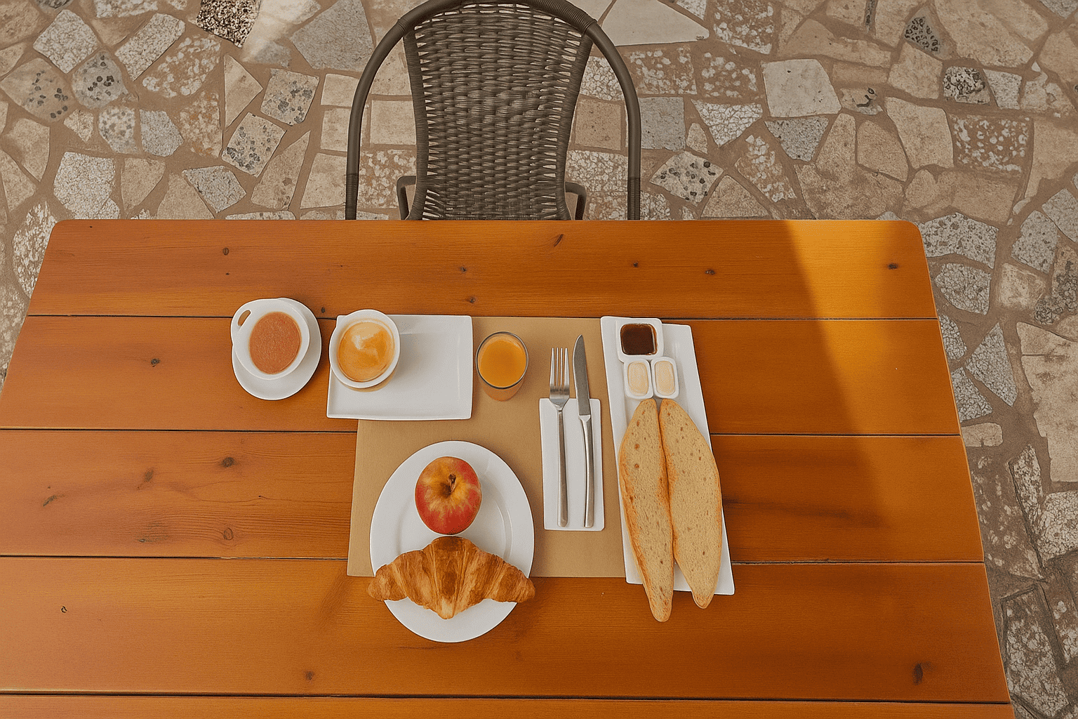 a wooden table with a croissant and an apple on it