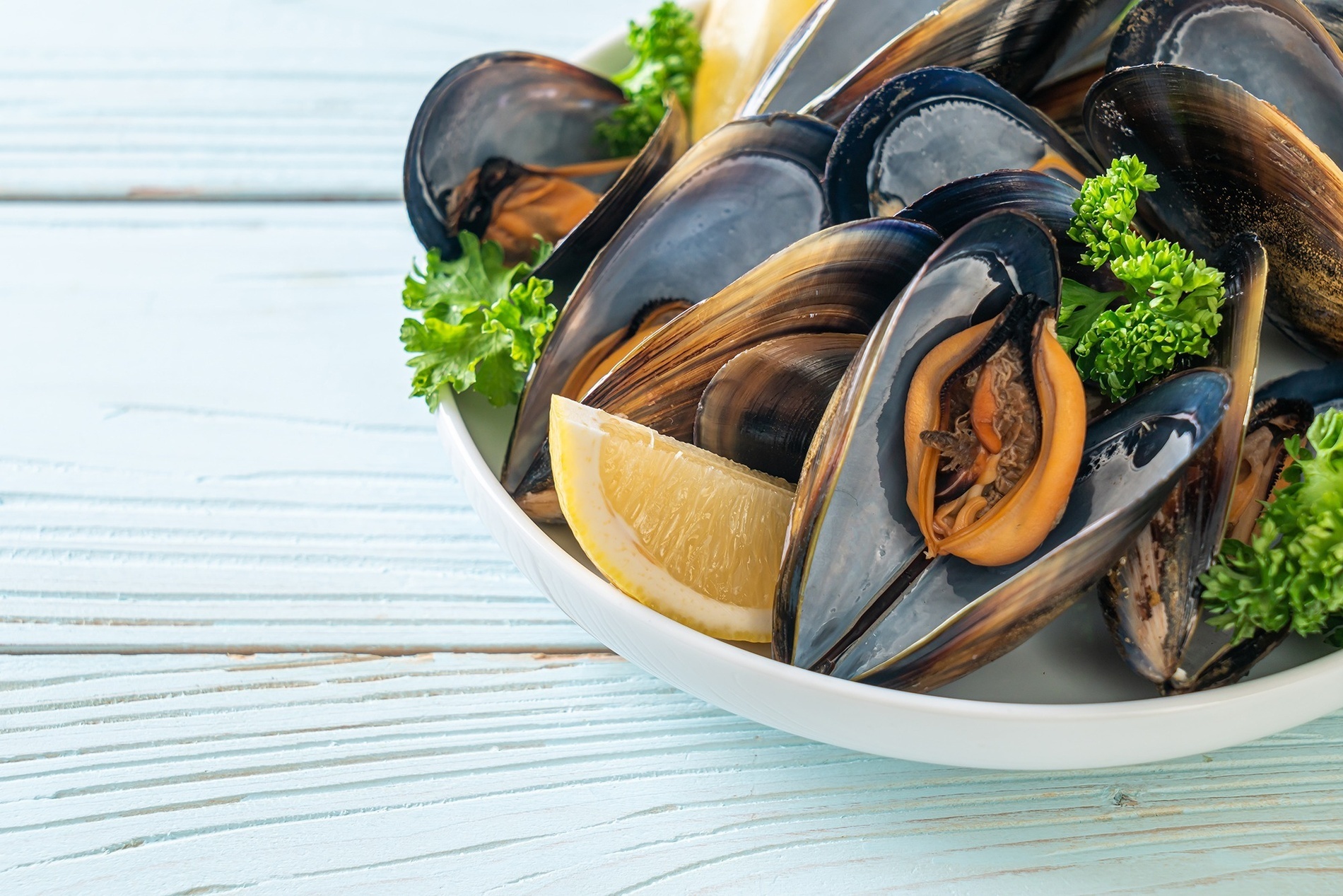 un plato blanco lleno de mejillones con limón y perejil