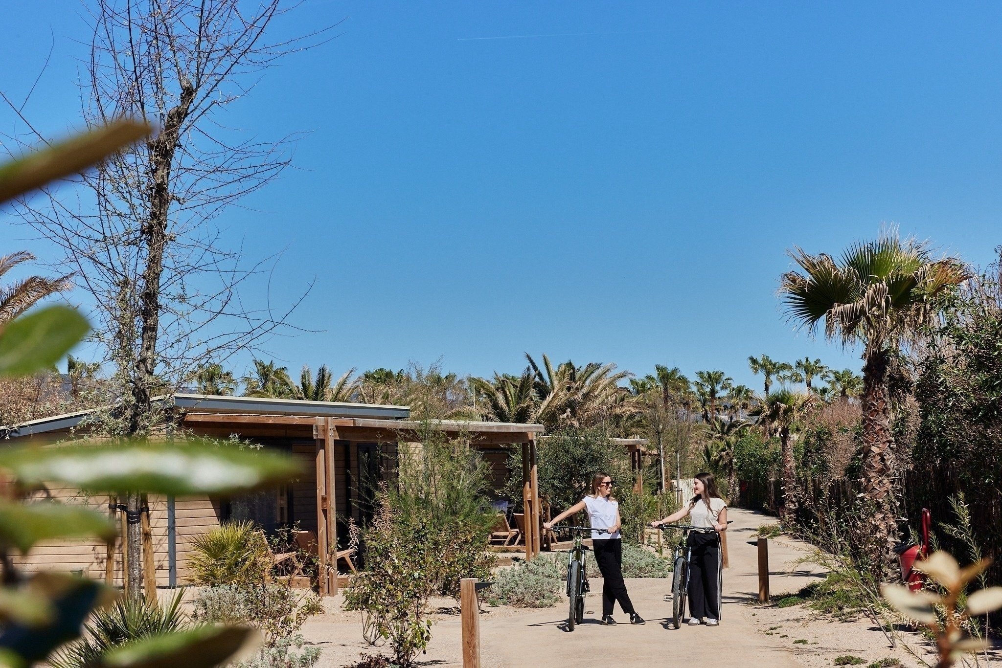 dues dones amb bicicletes i scooters a l' aire lliure