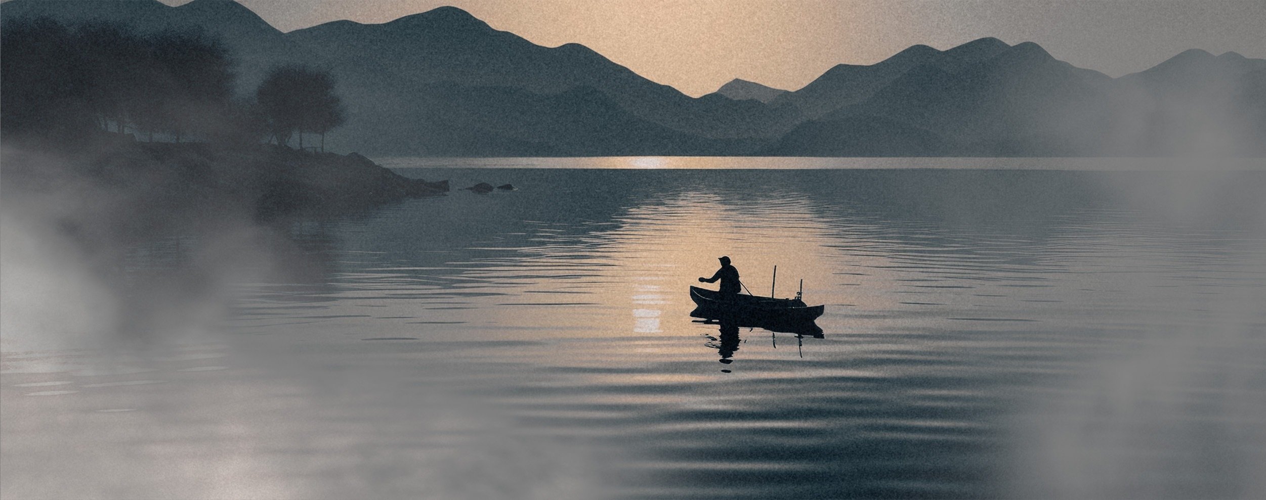 a man in a boat on a lake with mountains in the background