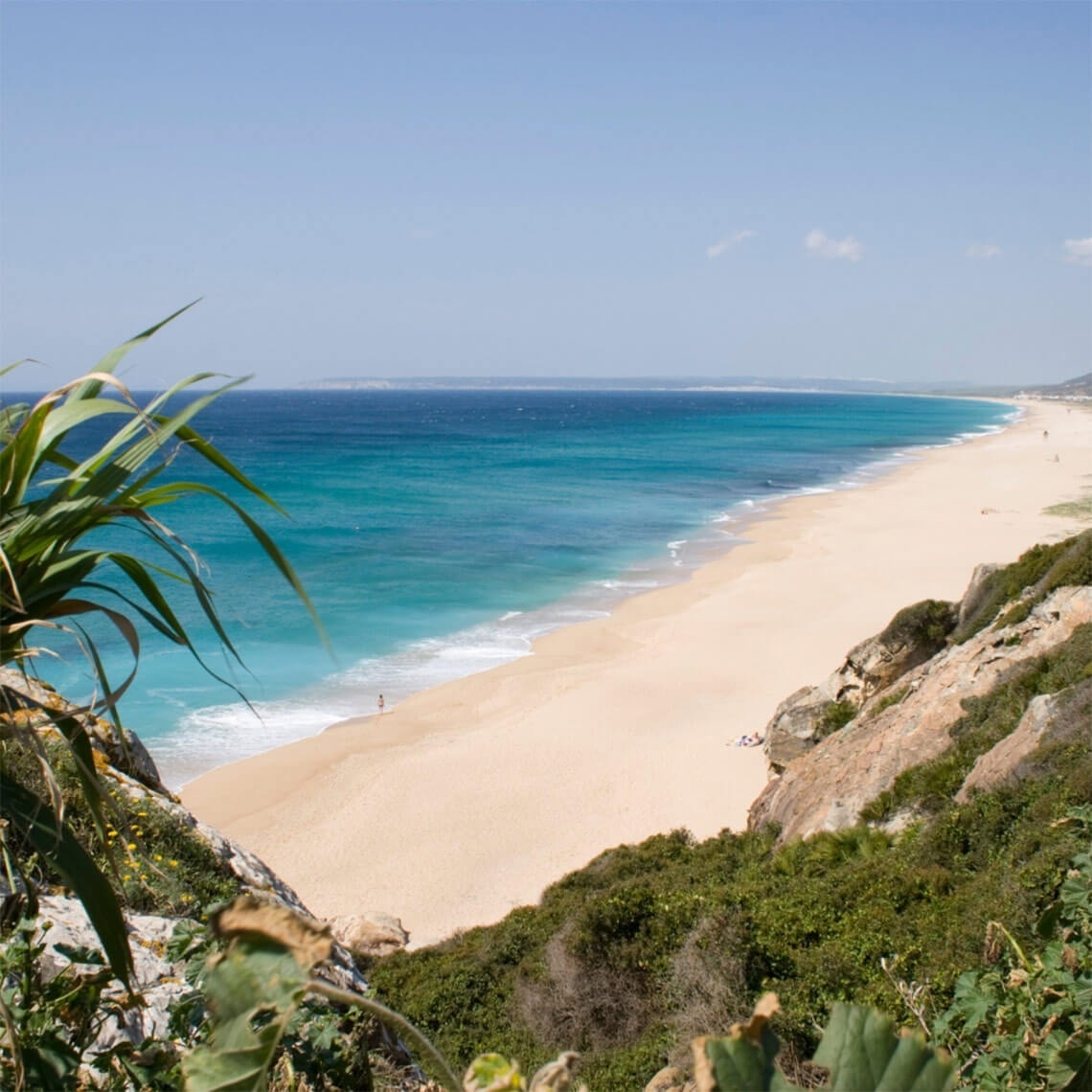 a view of a beach with a blue ocean in the background