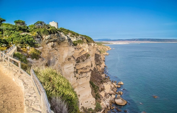 a cliff overlooking a body of water with a tower in the distance